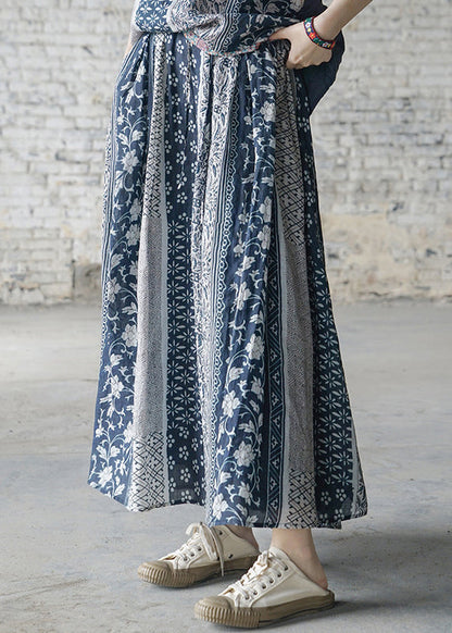 Brief Colorblock Elastic Waist Pocket Print Linen Skirts Spring