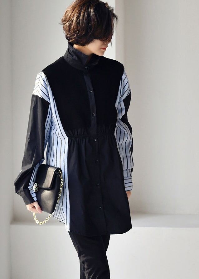 Black Peter Pan Collar Wrinkled Striped Patchwork Low High Design Button Cotton Shirt Long Sleeve