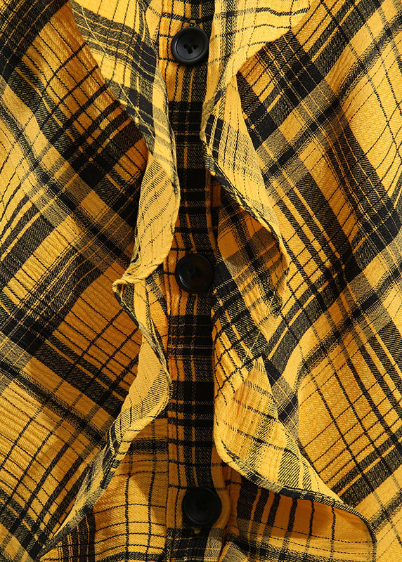 Yellow Ruffled Plaid Cotton Blouse Tops Sleeveless