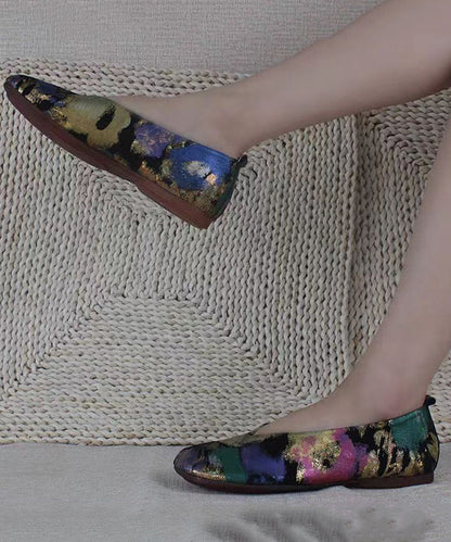 Handmade Style Lavender Printed Genuine Leather Flats Shoes
