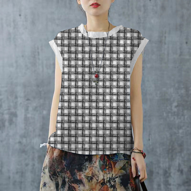 Black Plaid Drawstring Turtle Neck Linen Tank Short Sleeve