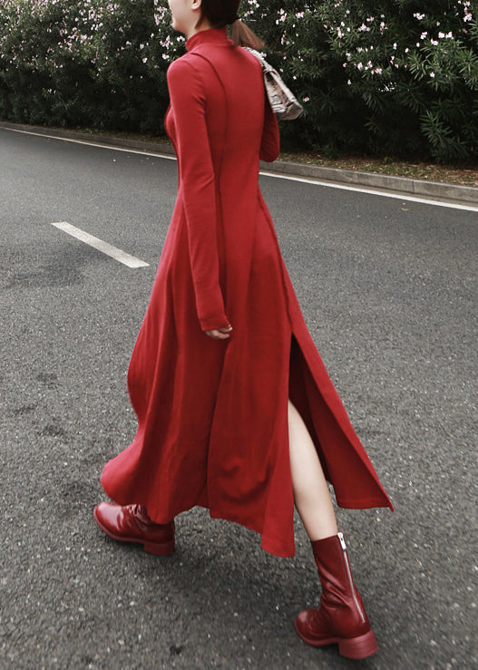 Slim Fit Red Side Open Cotton Long Dress Spring