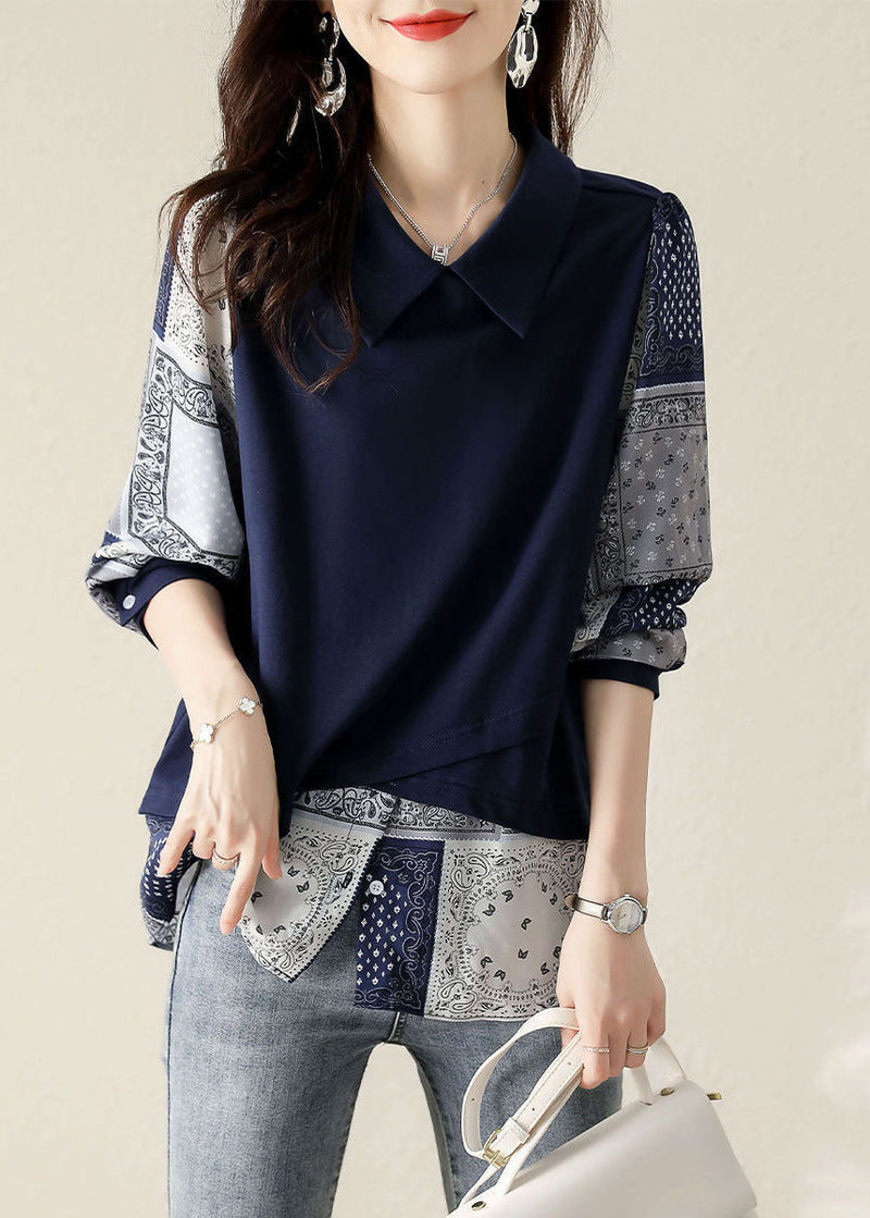French Navy Peter Pan Collar Patchwork Cotton Fake Two Piece Sweatshirt Spring