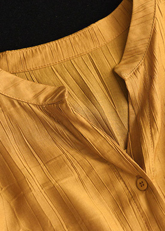 Yellow O Neck Wrinkled Patchwork Cotton Shirt Top Summer