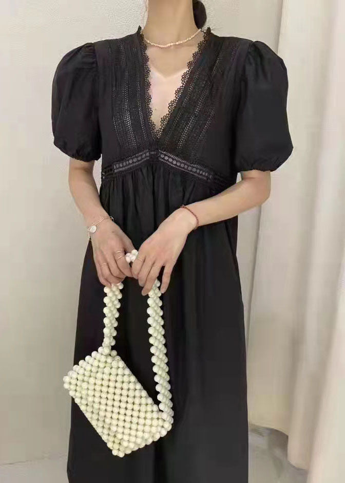 White Embroideried Hollow Out Patchwork Cotton Dress Puff Sleeve