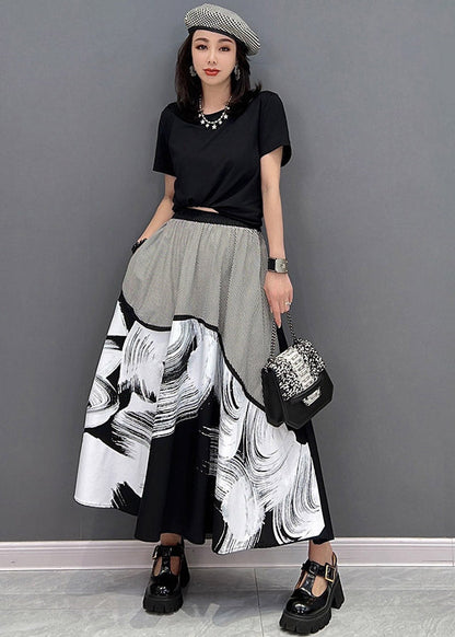 Black Pockets Print Patchwork Skirts Summer