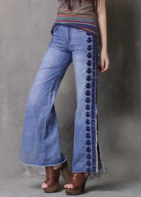 Light Blue Embroidered Side Open Pockets High Waist Jeans Summer