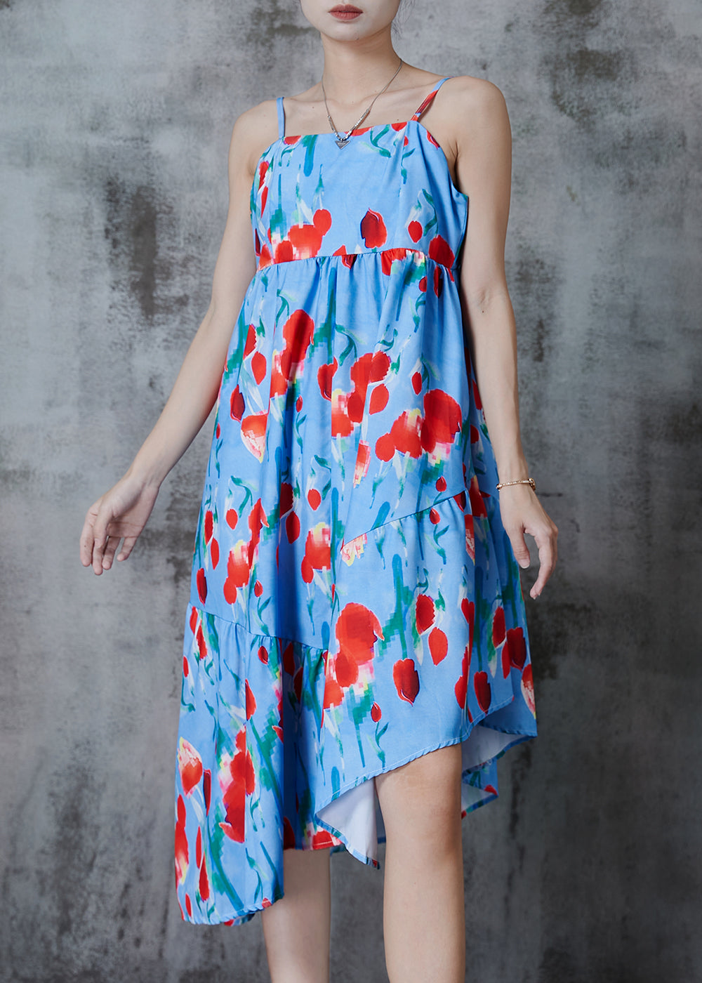 Blue Asymmetrical Print Cotton Summer Dress