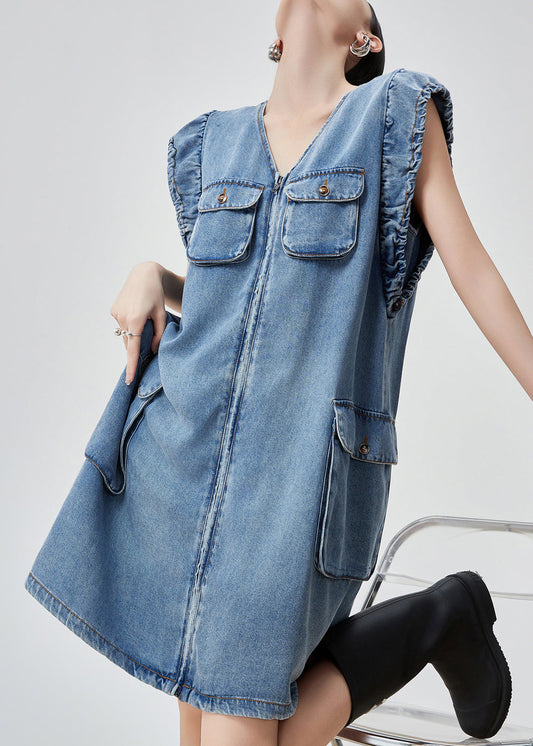 Original Blue V Neck Zippered Pockets Denim Mid Dress Sleeveless Summer