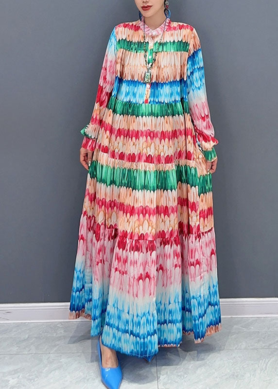 Loose O-neck Print Patchwork Long Dresses Long Sleeve