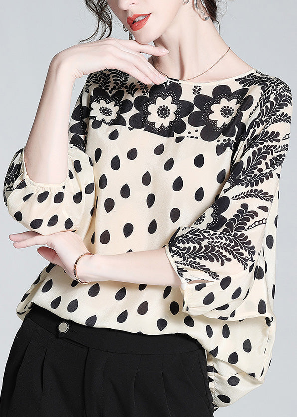 Apricot O-neck Print Silk Shirts Long Sleeve