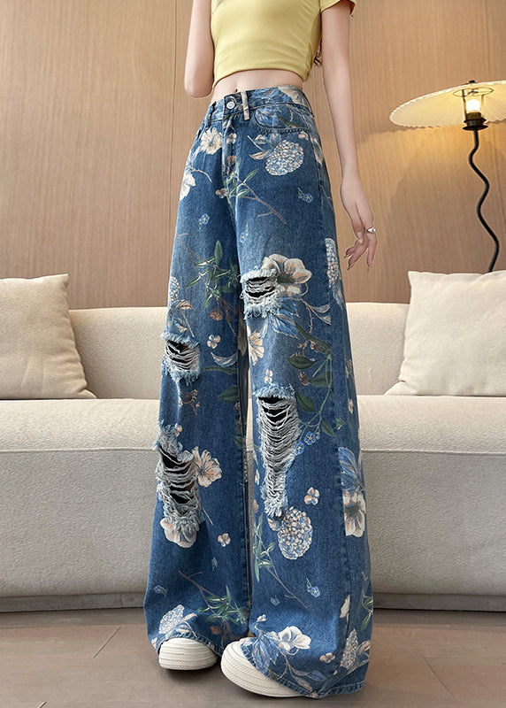 Blue Pockets Print Denim Ripped Pants Fall