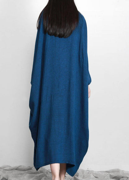 Stylish Blue Batwing Sleeve O Neck Linen Dresses