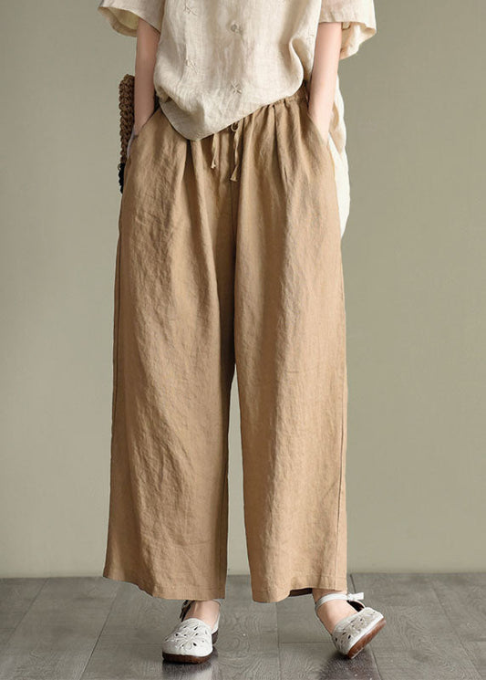 Loose Dark Khaki Elastic Waist Drawstring Linen Wide Leg Pants Spring
