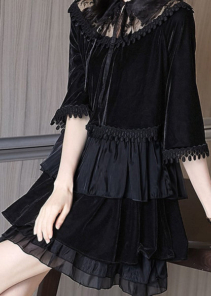 Black Ruffled Tasseled Patchwork Velour Mid Dress Fall