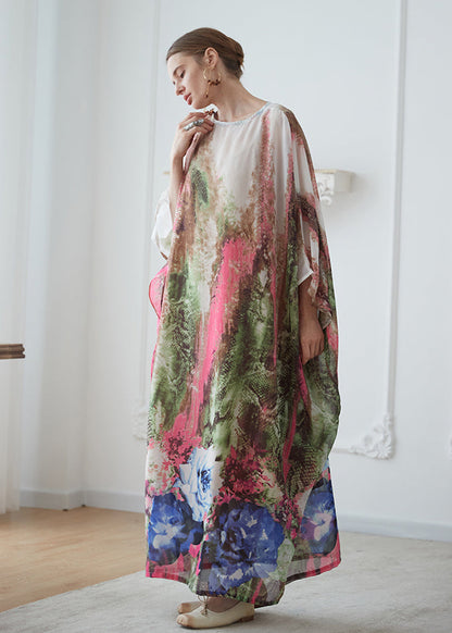 O Neck Print Chiffon Vacation Long Dresses Batwing Sleeve Summer