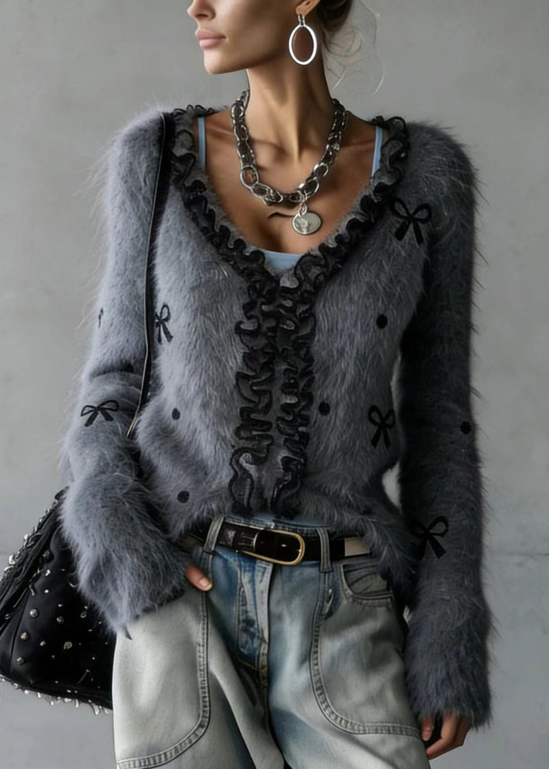 Grey Ruffled Patchwork Faux Fur Fluffy Knitted Top Spring
