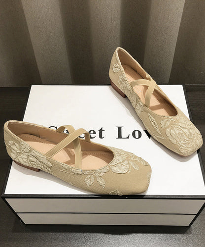 Apricot Embroidered Cross Strap Splicing Flat Shoes for