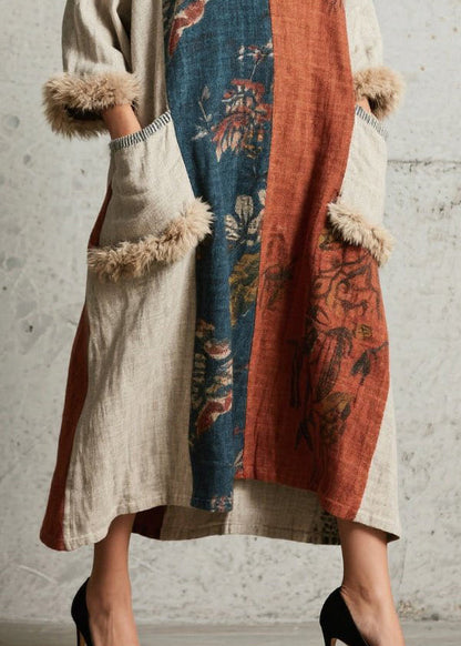 Oversized Patchwork Faux Fur With Pockets Ankle Dress Fall