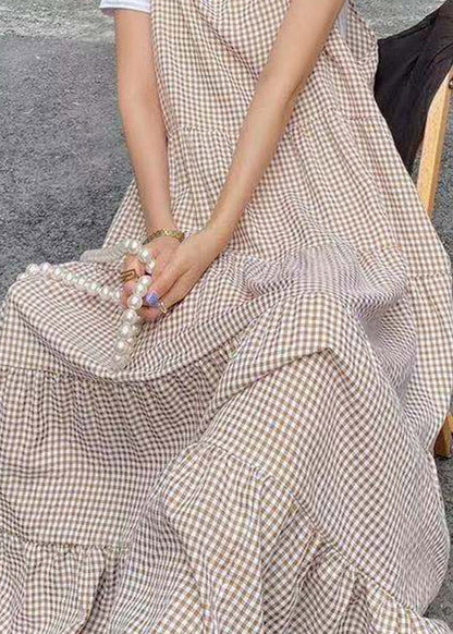 Khaki Slash Neck Plaid T Shirts and Long Dress Two Pieces Set Summer