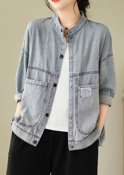 Light Blue Stand Collar Pockets Denim Jackets Spring