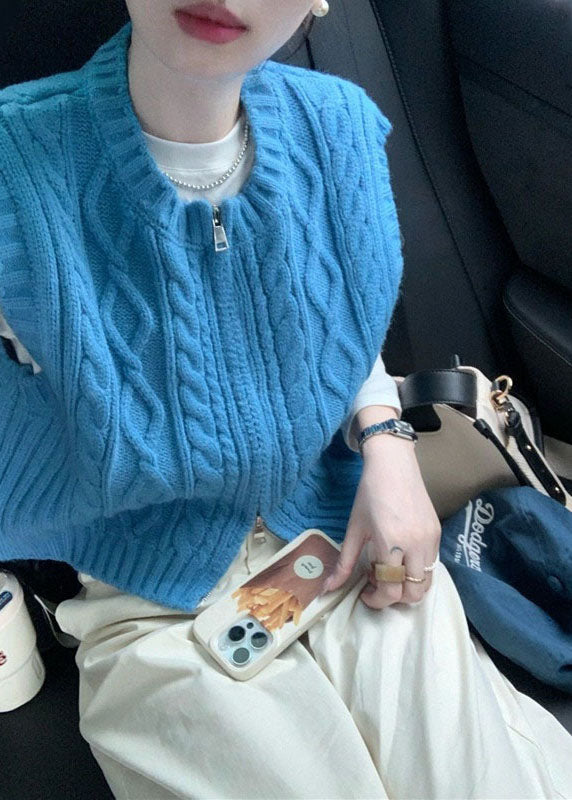 Art Blue O-neck Zippered Cozy Cable Knit Waistcoat Sleeveless
