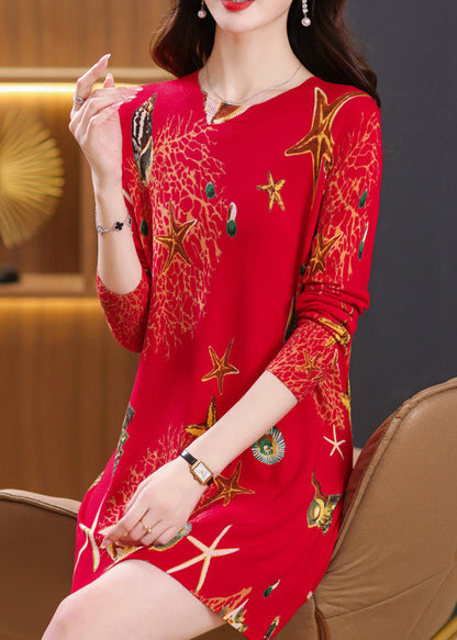 Red Print Woolen Mid Dress O Neck Spring