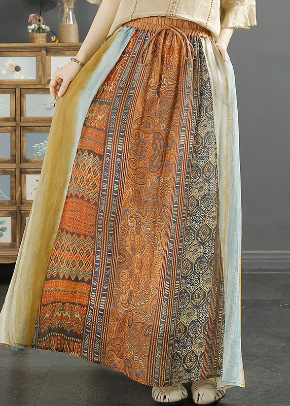 Classy Orange Print Patchwork Linen a Line Skirt Spring