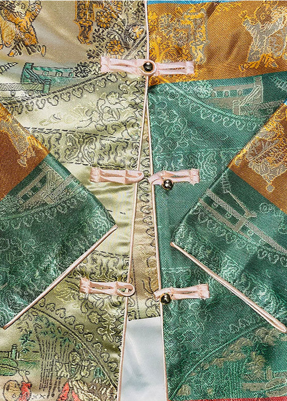 Chinese Style Green Button O-neck Print Coats Spring
