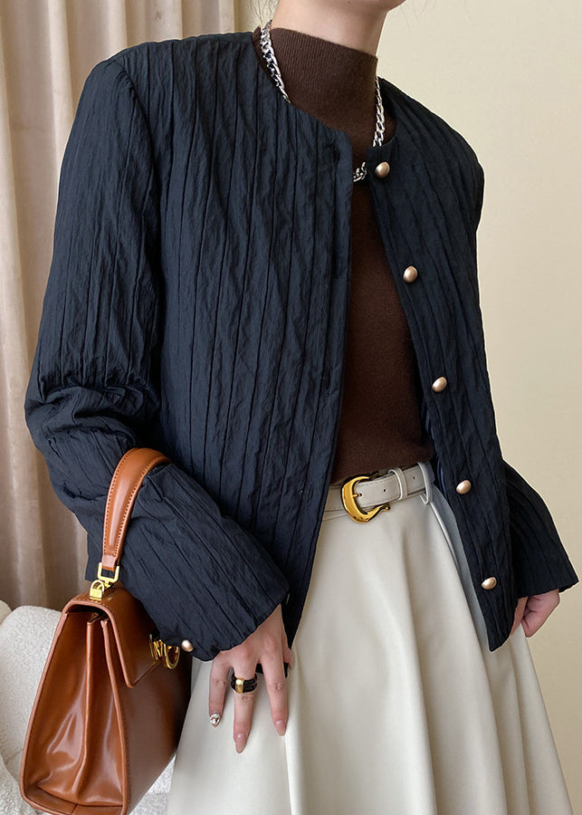 Fine Black O Neck Pockets Button Thin Fine Cotton Filled Coat Fall