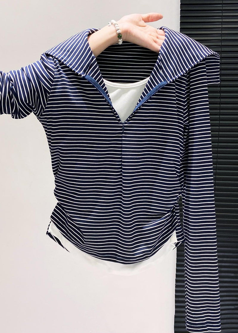 Silm Fit Navy Striped Patchwork Cotton Fake Two Piece Tops Fall