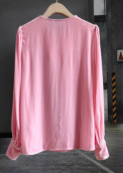 Pink O-neck Tasseled Patchwork Silk Velour Tops Spring