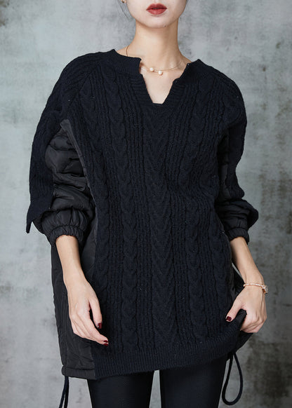 Black Cinched Patchwork Knit Sweatshirts Top Spring