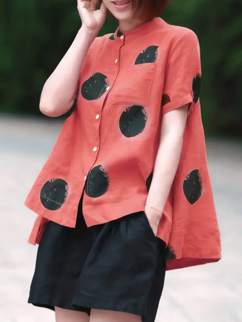 Red Dot Print Patchwork Linen Top Button Stand Collar Summer