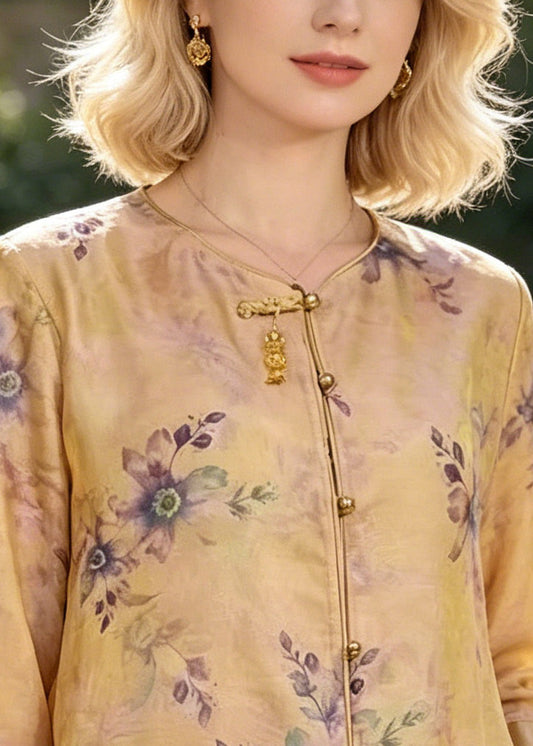 Yellow Print Silk Blouse Tops Bracelet Sleeve