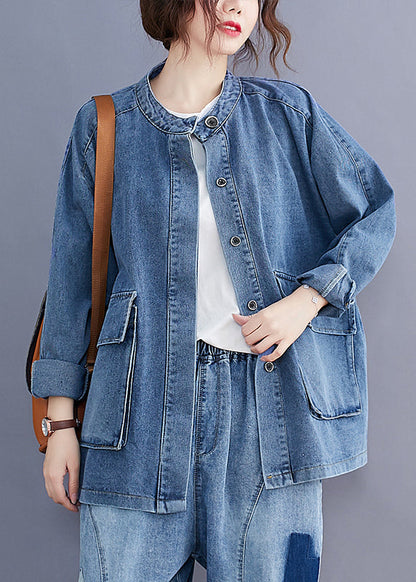 Blue Stand Collar Pockets Patchwork Denim Coats Fall