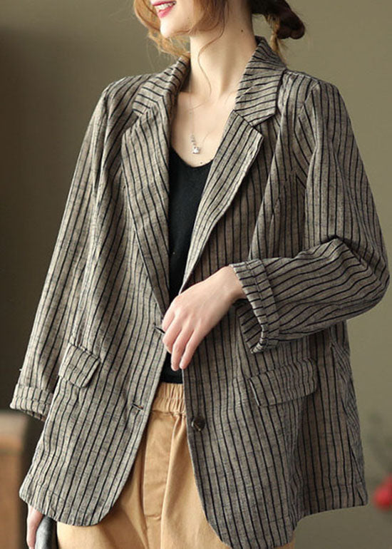 Light Button Pockets V Neck Striped Coats Long Sleeve Fall