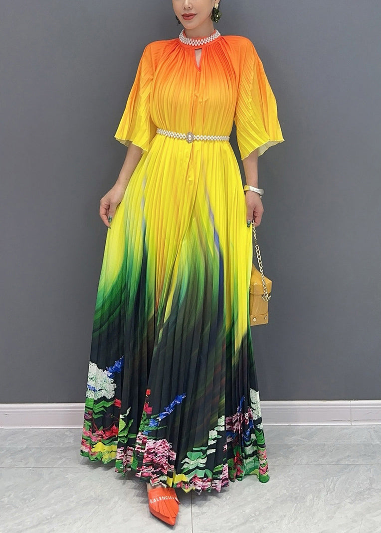 Summer Orange Yellow Color Blocked Long Pleated Dress