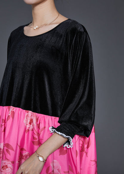 Black Oversized Patchwork Silk Velour Long Dresses Spring