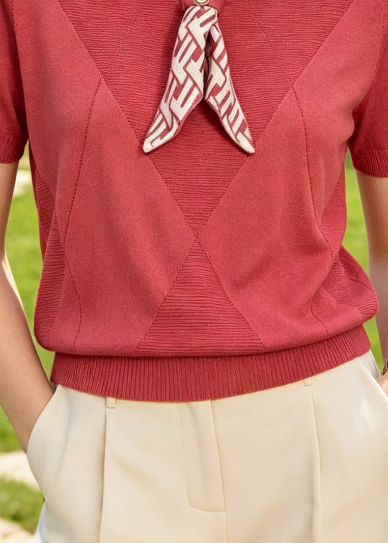 Red Bow Knit Shirt Tops Summer