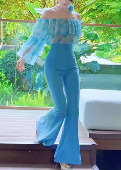 New Blue Slash Nneck Chiffon Shirts and Flare Bottoms Two Pieces Set Fall