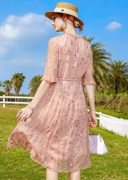 Pink Ruffled Embroideried Tie Waist Silk Cinch Dress Half Sleeve Summer