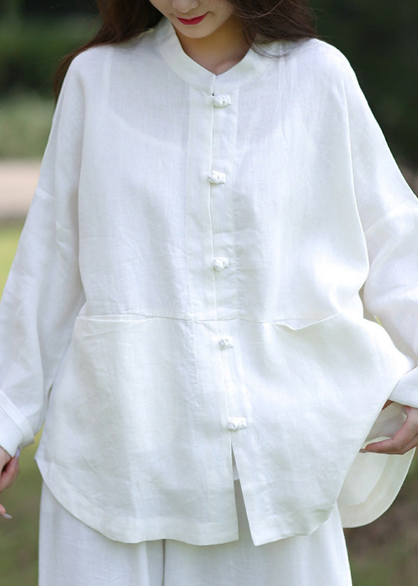 White Stand Collar Button Linen Coats Spring