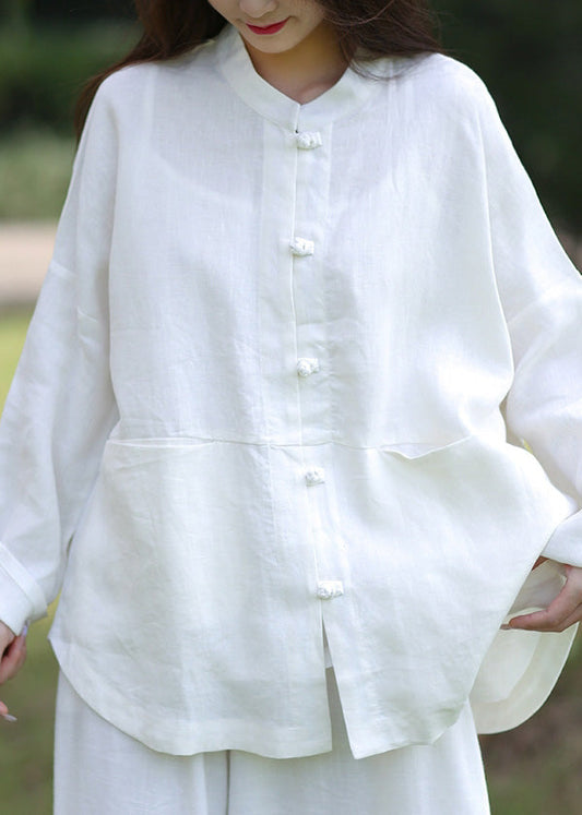 White Stand Collar Button Linen Coats Spring
