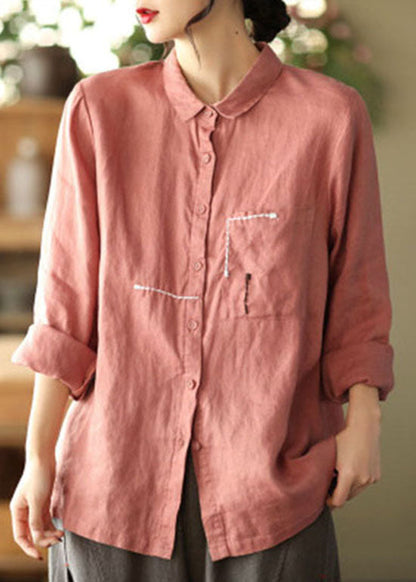 Black Peter Pan Collar Patchwork Linen Blouses Spring