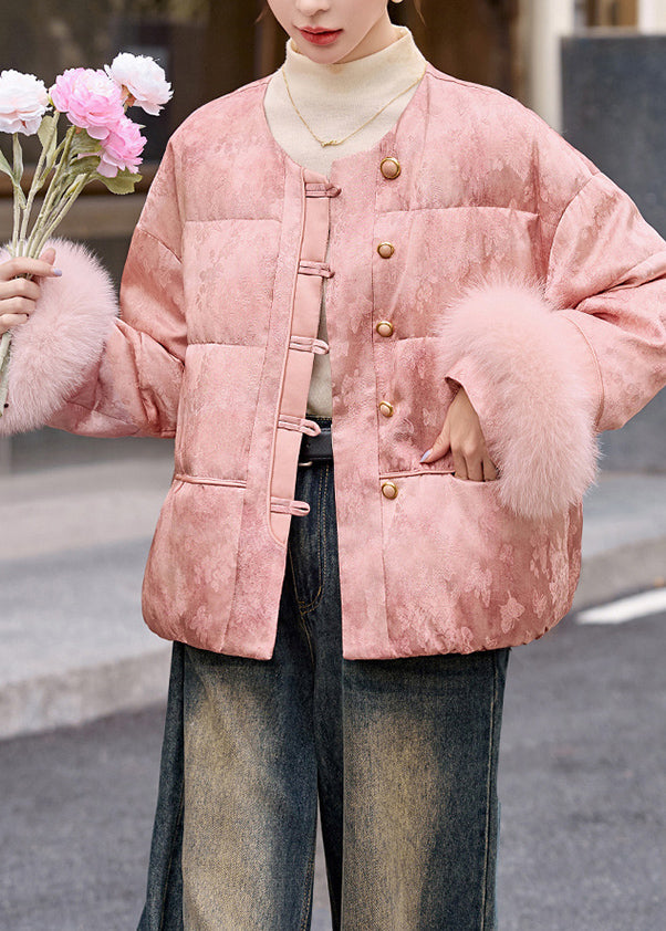 New Retro Pink O Neck Fur Patchwork Duck Down Winter Short Coats