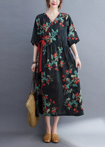 Navy Patchwork Linen Holiday Dresses Tie Waist Short Sleeve