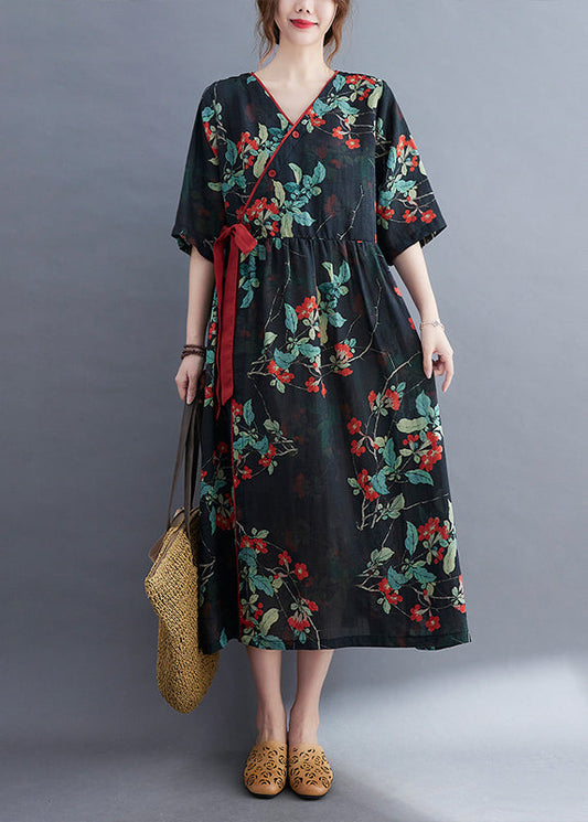 Navy Patchwork Linen Holiday Dresses Tie Waist Short Sleeve