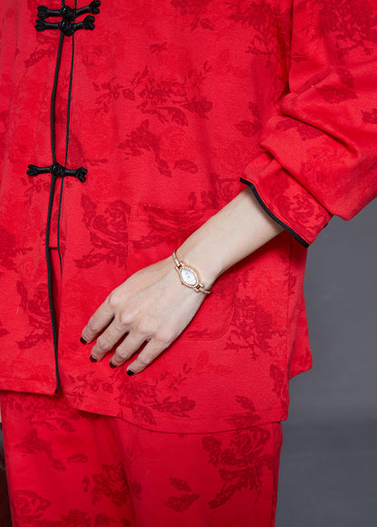 Mulberry Chinese Button Jacquard Cotton Two-piece Set Fall