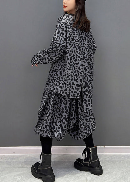 Dark Gray O-neck Asymmetrical Print Top and Harem Pants Two Piece Set Fall